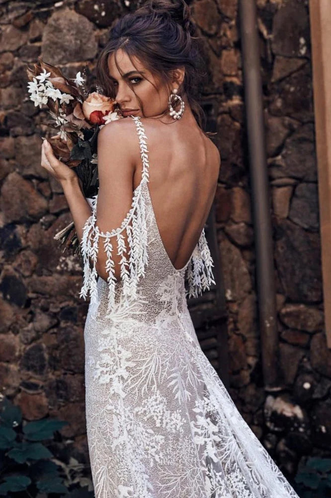 Ivory Bohemian Scoop Neckline Backless Beach Wedding Dress