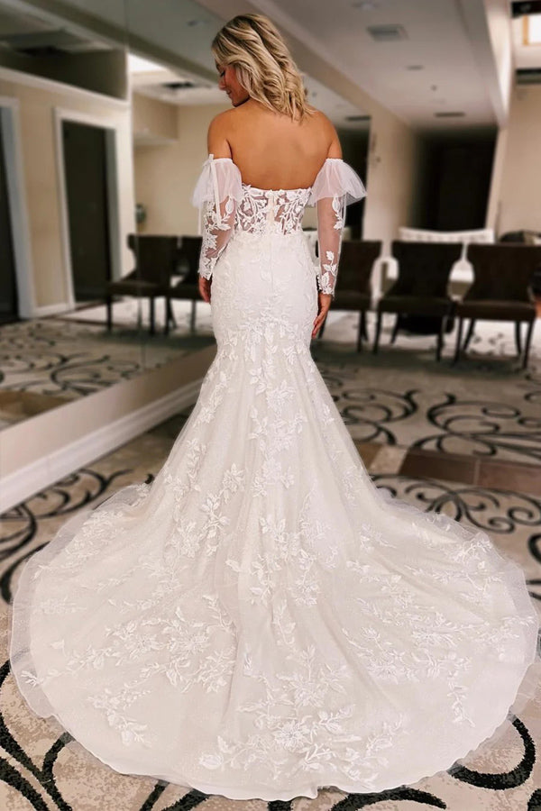 Elfenbeinfarbenes, geblümtes Trompeten-Brautkleid mit abnehmbaren Ärmeln