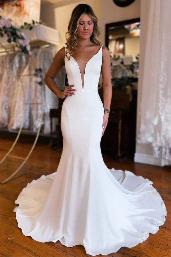 Plunge V Backless Long Mermaid Wedding Dress