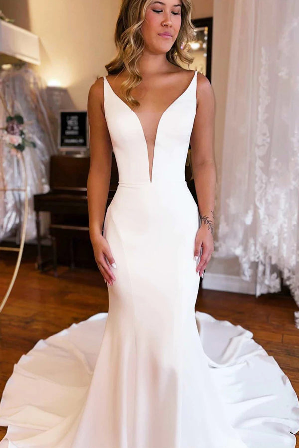 Plunge V Backless Long Mermaid Wedding Dress