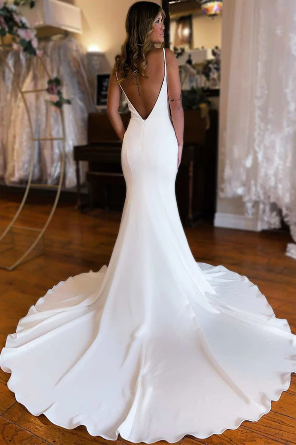 Plunge V Backless Long Mermaid Wedding Dress