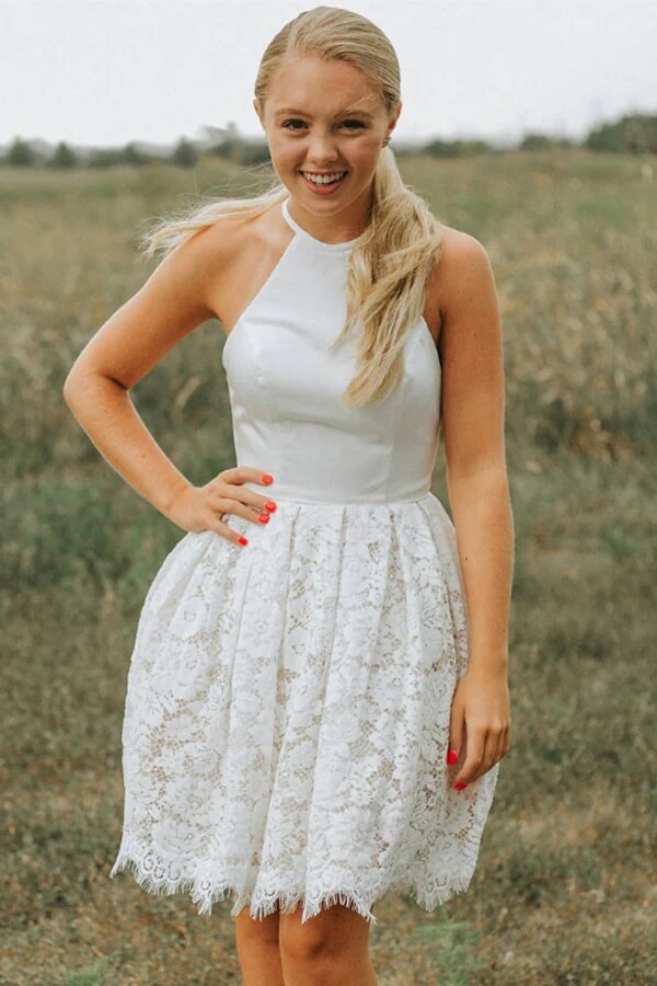 Ivory Lace A-line Backless Halter Homecoming Dresses, Short Party Dresses