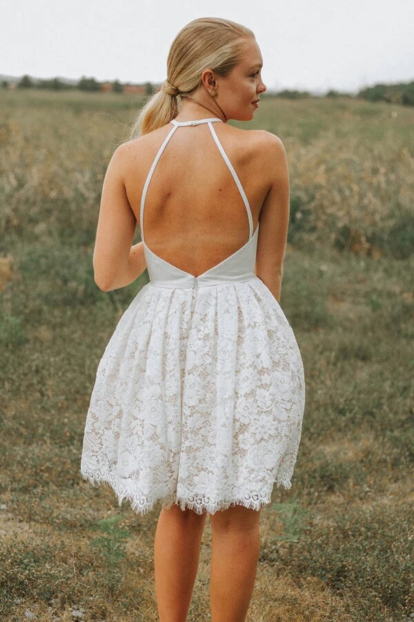 Ivory Lace A-line Backless Halter Homecoming Dresses, Short Party Dresses