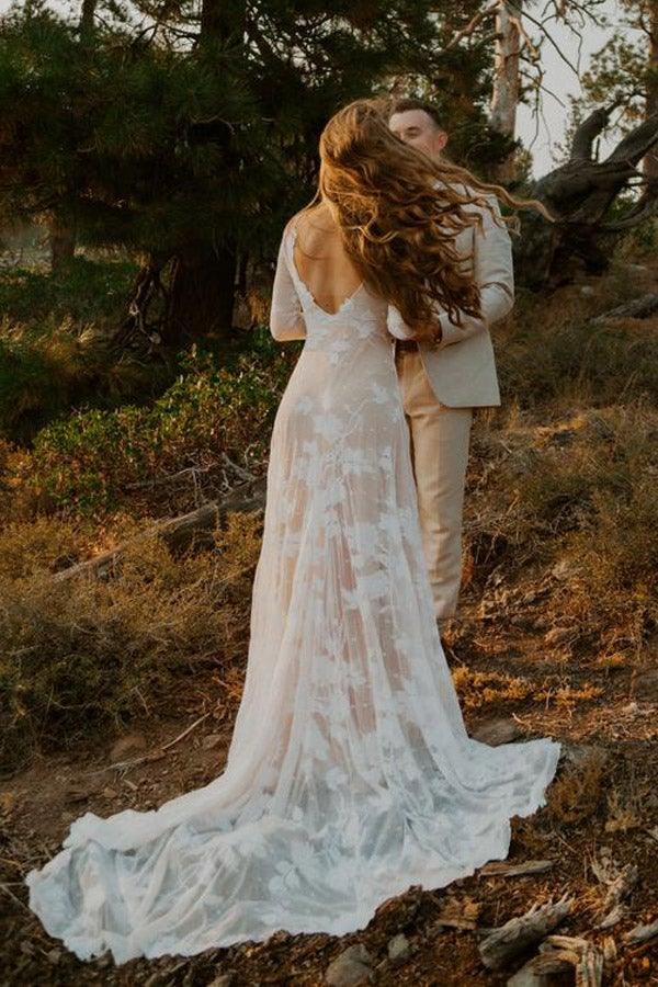 Ivory Long Sleeve Rustic Wedding Dresses Backless Sheath Beach Wedding Dress