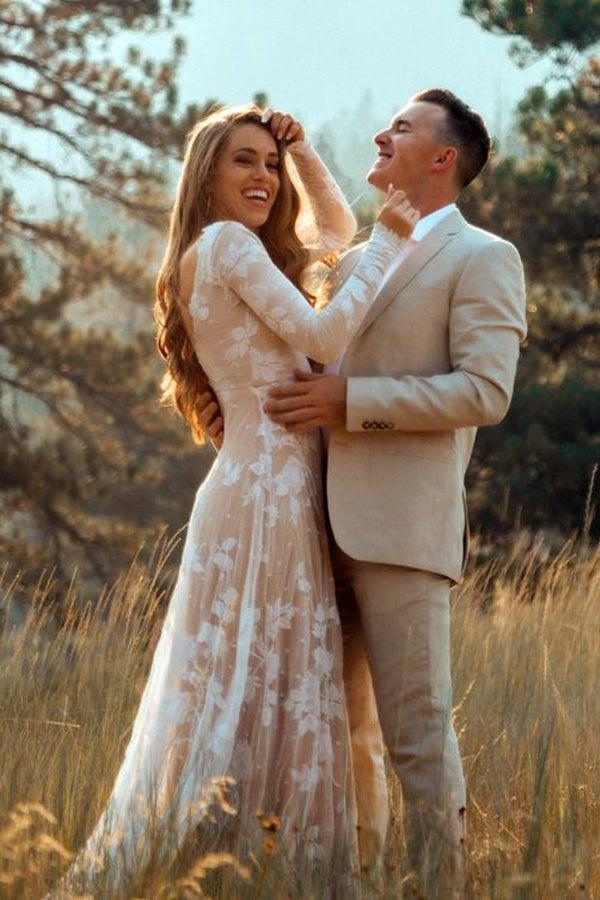 Ivory Long Sleeve Rustic Wedding Dresses Backless Sheath Beach Wedding Dress