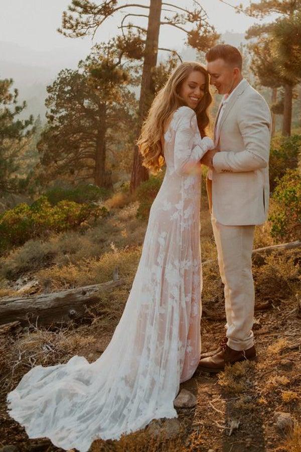 Ivory Long Sleeve Rustic Wedding Dresses Backless Sheath Beach Wedding Dress