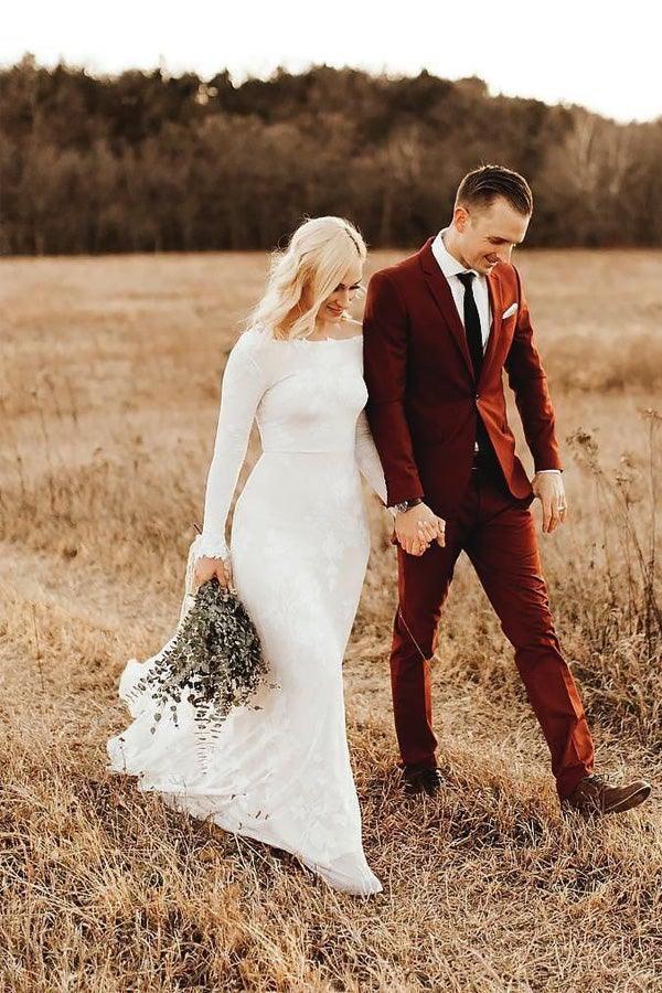 Ivory Long Sleeve Rustic Wedding Dresses Backless Sheath Beach Wedding Dress