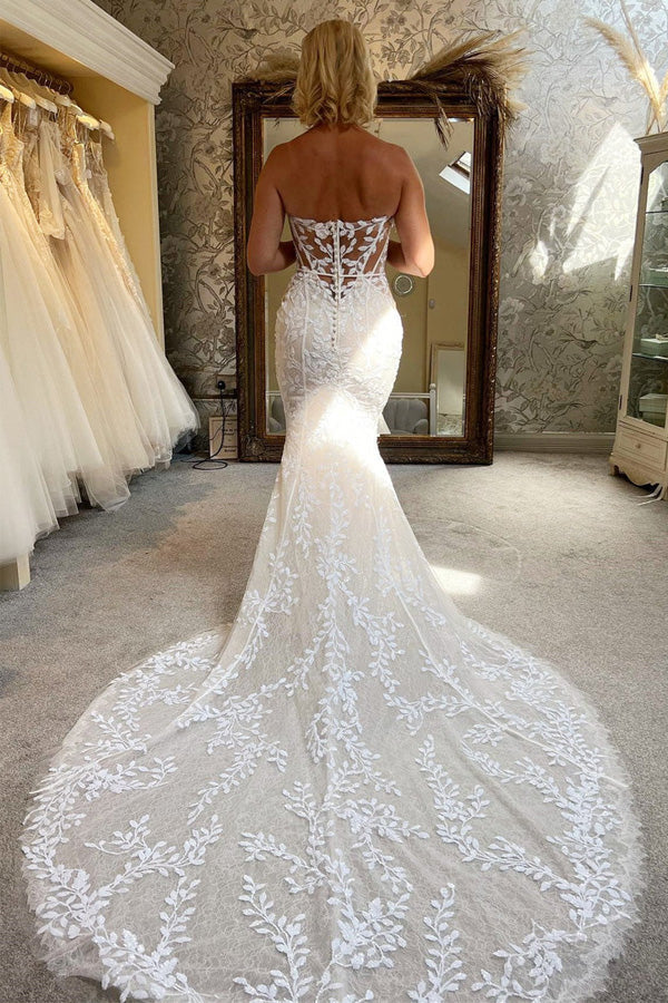 Elfenbein Spitze trägerloses Meerjungfrau Brautkleid Spitze Brautkleid