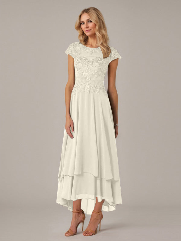 Vestido de madre de la novia de gasa asimétrica con escote barco, ilusión, corte A y encaje con pliegues y apliques