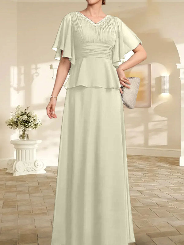 A-Linie, V-Ausschnitt, bodenlanges Chiffonkleid für die Brautmutter mit plissierter Perlenstickerei