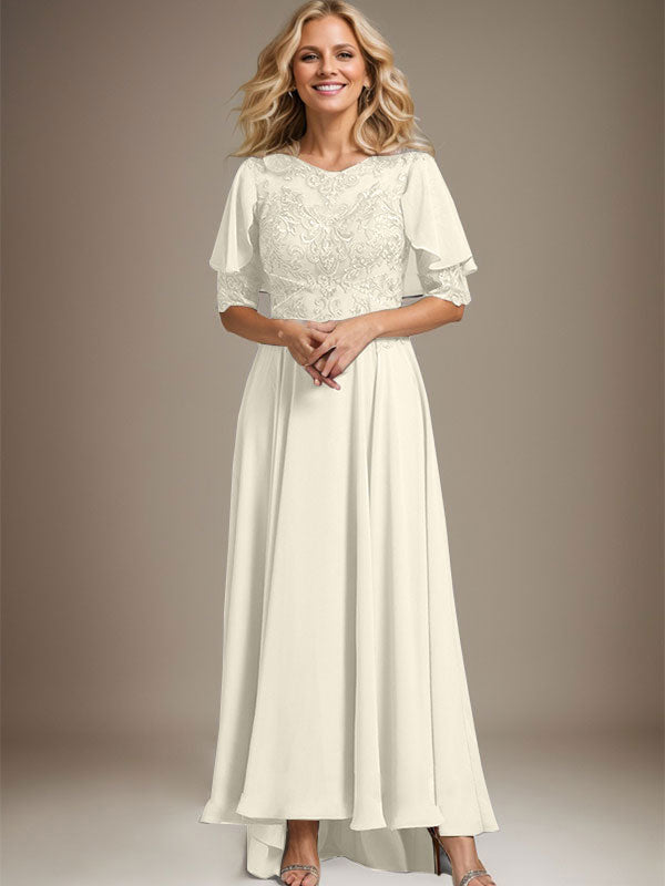 Vestido de madre de la novia de gasa asimétrica con encaje, ilusión, corte A y escote redondo con cuentas