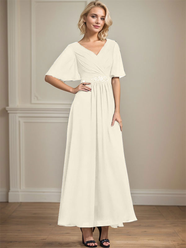 A-Linien-Kleid aus Chiffon mit V-Ausschnitt und Knöchellänge für die Brautmutter mit plissierten Perlen und Pailletten