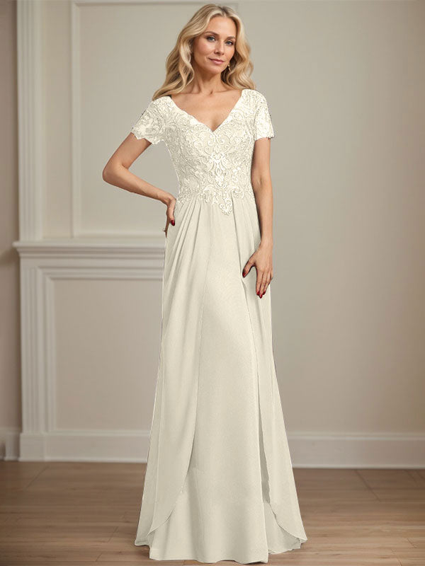A-Linie V-Ausschnitt Bodenlanges Chiffon-Spitzenkleid für die Brautmutter