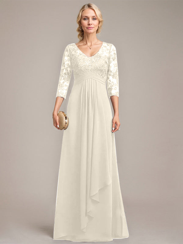 A-Linie, V-Ausschnitt, bodenlanges Chiffon-Kleid für die Brautmutter mit kaskadierenden Rüschen und Pailletten