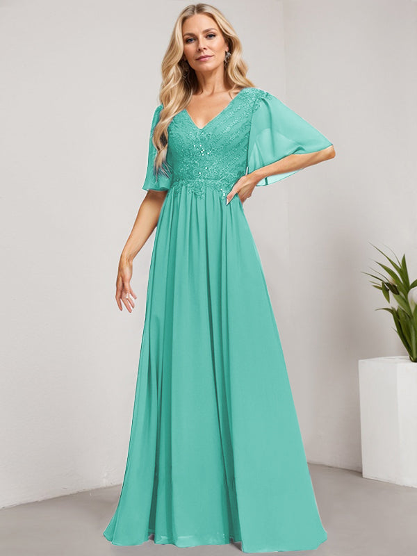 A-Linie V-Ausschnitt Bodenlanges Spitzen-Chiffon-Kleid für die Brautmutter mit Pailletten