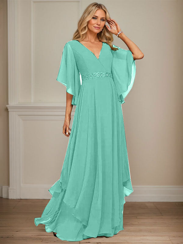 A-Linie V-Ausschnitt Bodenlang Chiffon Kleid für die Brautmutter mit Pailletten Applikationen Spitze Perlen