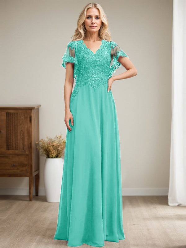 A-Linie V-Ausschnitt Bodenlanges Spitzen-Chiffon-Kleid für die Brautmutter mit Pailletten