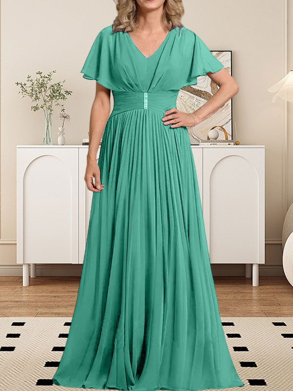 A-Linie V-Ausschnitt Bodenlang Chiffon Mutter der Braut Kleid Mit Kristall Brosche Plissee