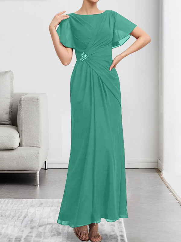 Vestido de gasa para madre de la novia con corte en A, escote redondo y largo hasta los tobillos, plisado con cuentas