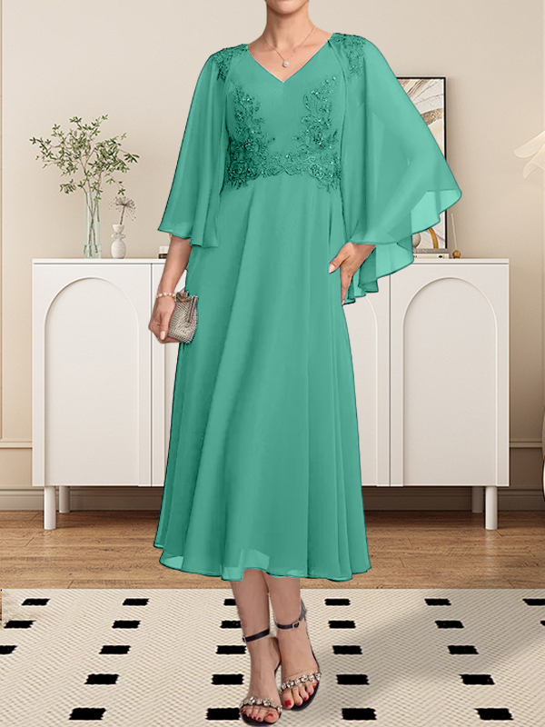 A-Linie, V-Ausschnitt, knielang, Chiffon, Spitze, Kleid für die Brautmutter mit Perlen und Pailletten