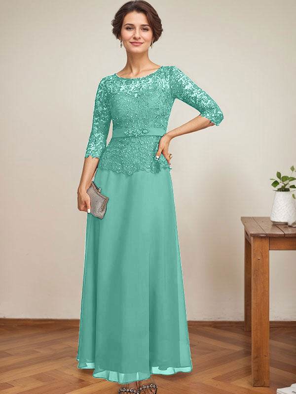 Vestido de gasa con encaje y escote en A, ilusión, largo hasta los tobillos, para madre de la novia con cuentas de diamantes de imitación