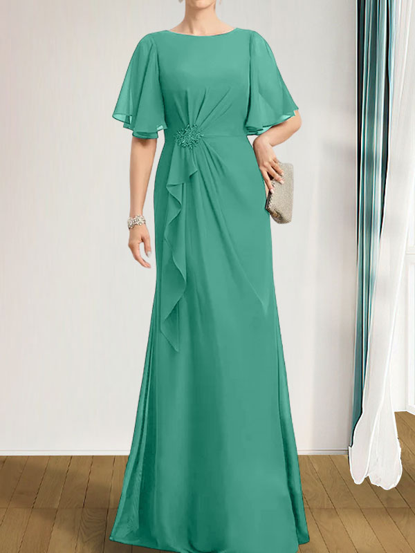 Vestido de gasa para madre de la novia, corte A, escote redondo, largo hasta el suelo, con volantes en cascada, cuentas y lentejuelas