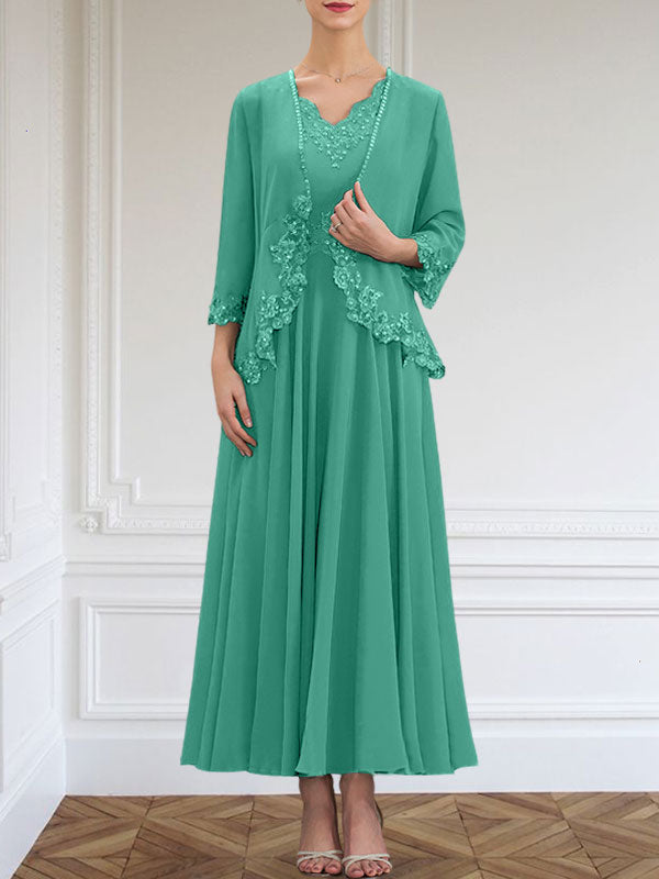 A-Linie V-Ausschnitt Knöchellang Chiffon Kleid für die Brautmutter mit Pailletten Applikationen Spitze Perlen