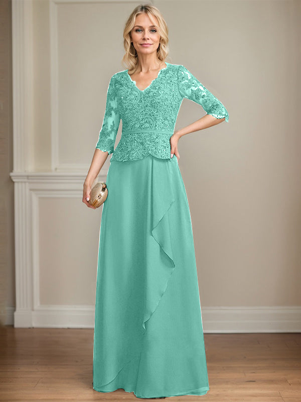 A-Linie, V-Ausschnitt, bodenlanges Chiffon-Kleid für die Brautmutter mit kaskadierenden Rüschen und Pailletten