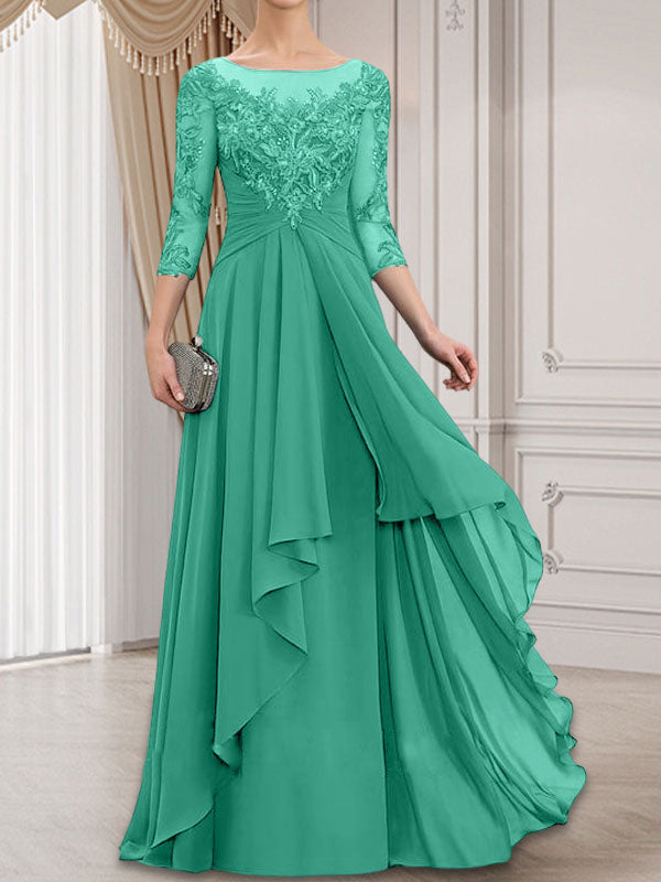 Vestido de gasa con encaje, corte A, escote ilusión, largo hasta el suelo, para madre de la novia con volantes en cascada