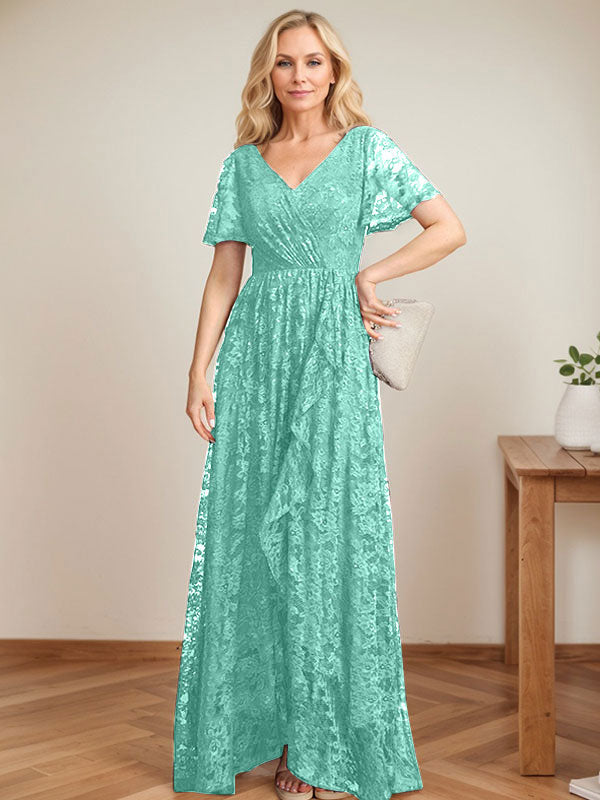 A-Linien-Kleid mit V-Ausschnitt, asymmetrischer Spitze für die Brautmutter mit kaskadierenden Rüschen