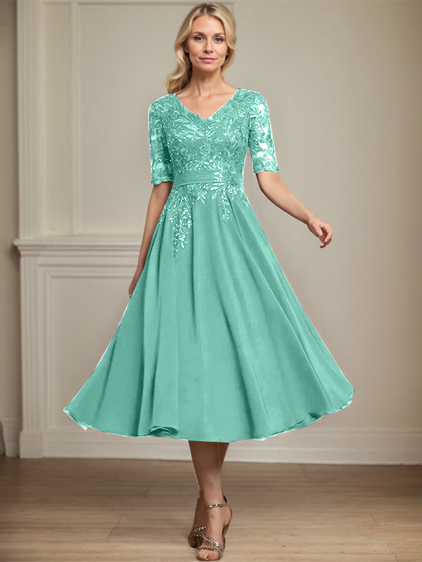 A-Linie V-Ausschnitt Wadenlanges Spitzen-Chiffon-Kleid für die Brautmutter mit Pailletten