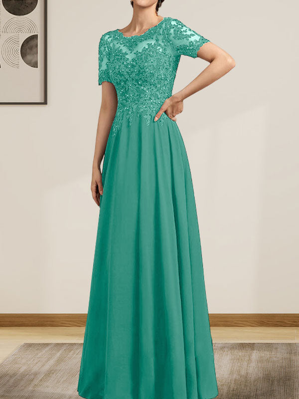 Vestido de gasa con encaje y lentejuelas para madre de la novia, largo hasta el suelo, con escote en A y ilusión