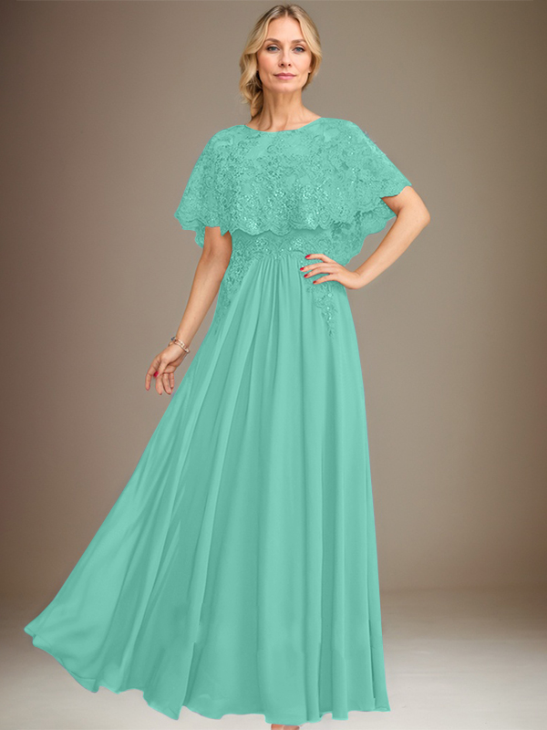 Vestido de madre de la novia de gasa con encaje, escote barco, largo hasta el suelo, con apliques de lentejuelas