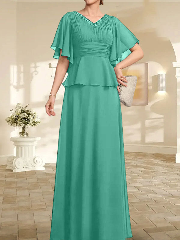 A-Linie, V-Ausschnitt, bodenlanges Chiffonkleid für die Brautmutter mit plissierter Perlenstickerei