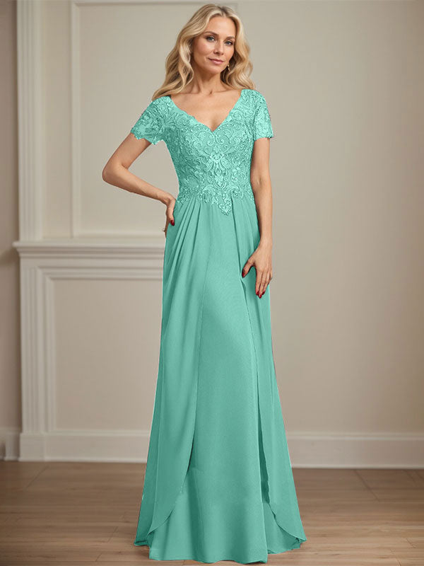 A-Linie V-Ausschnitt Bodenlanges Chiffon-Spitzenkleid für die Brautmutter