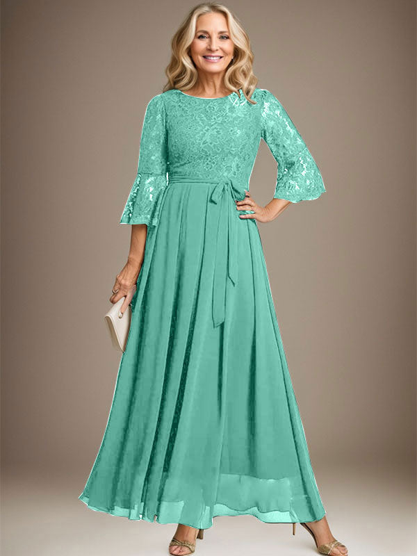 Vestido de gasa con encaje y lazo para madre de la novia, corte A, escote redondo hasta los tobillos