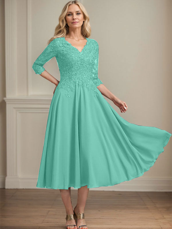 A-Linie, V-Ausschnitt, knielang, Chiffon, Spitze, Kleid für die Brautmutter mit Perlen und Pailletten
