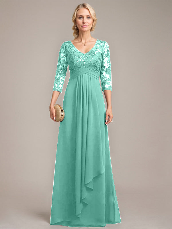 A-Linie, V-Ausschnitt, bodenlanges Chiffon-Kleid für die Brautmutter mit kaskadierenden Rüschen und Pailletten