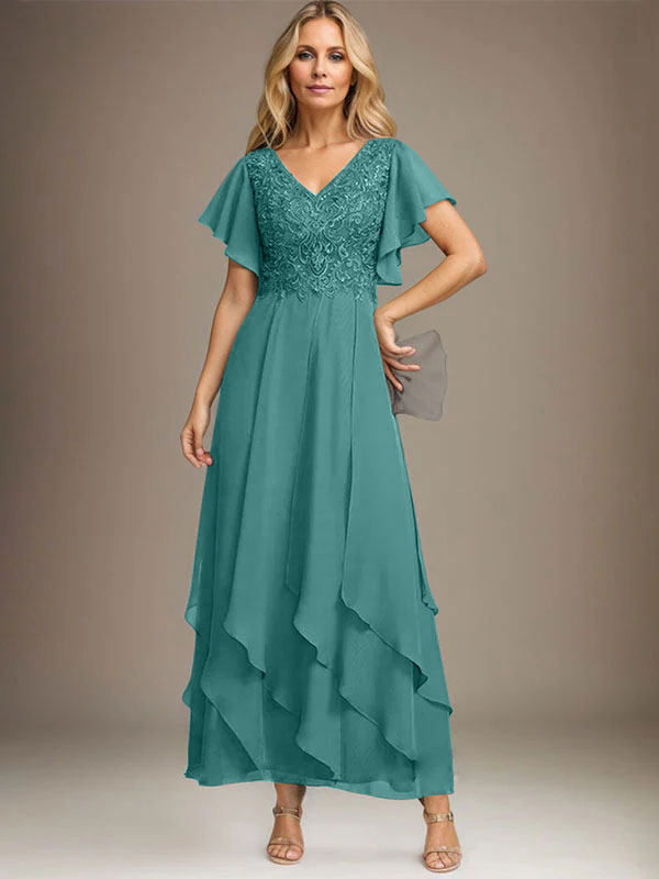 A-Linien-Kleid mit V-Ausschnitt, knöchellang, Spitzenchiffon und kaskadierenden Rüschen