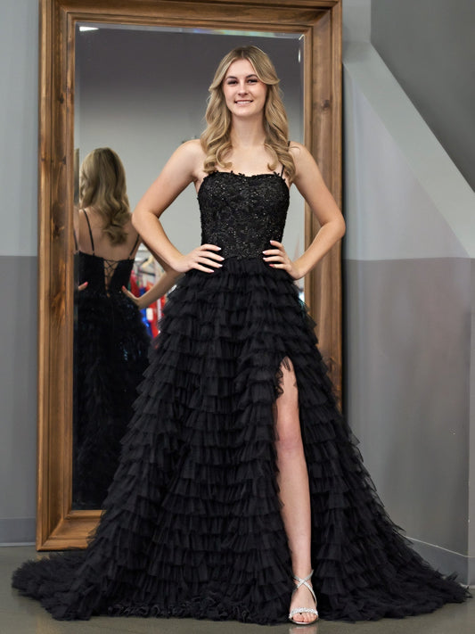 Vestido de fiesta largo de tul con lentejuelas y corte en A