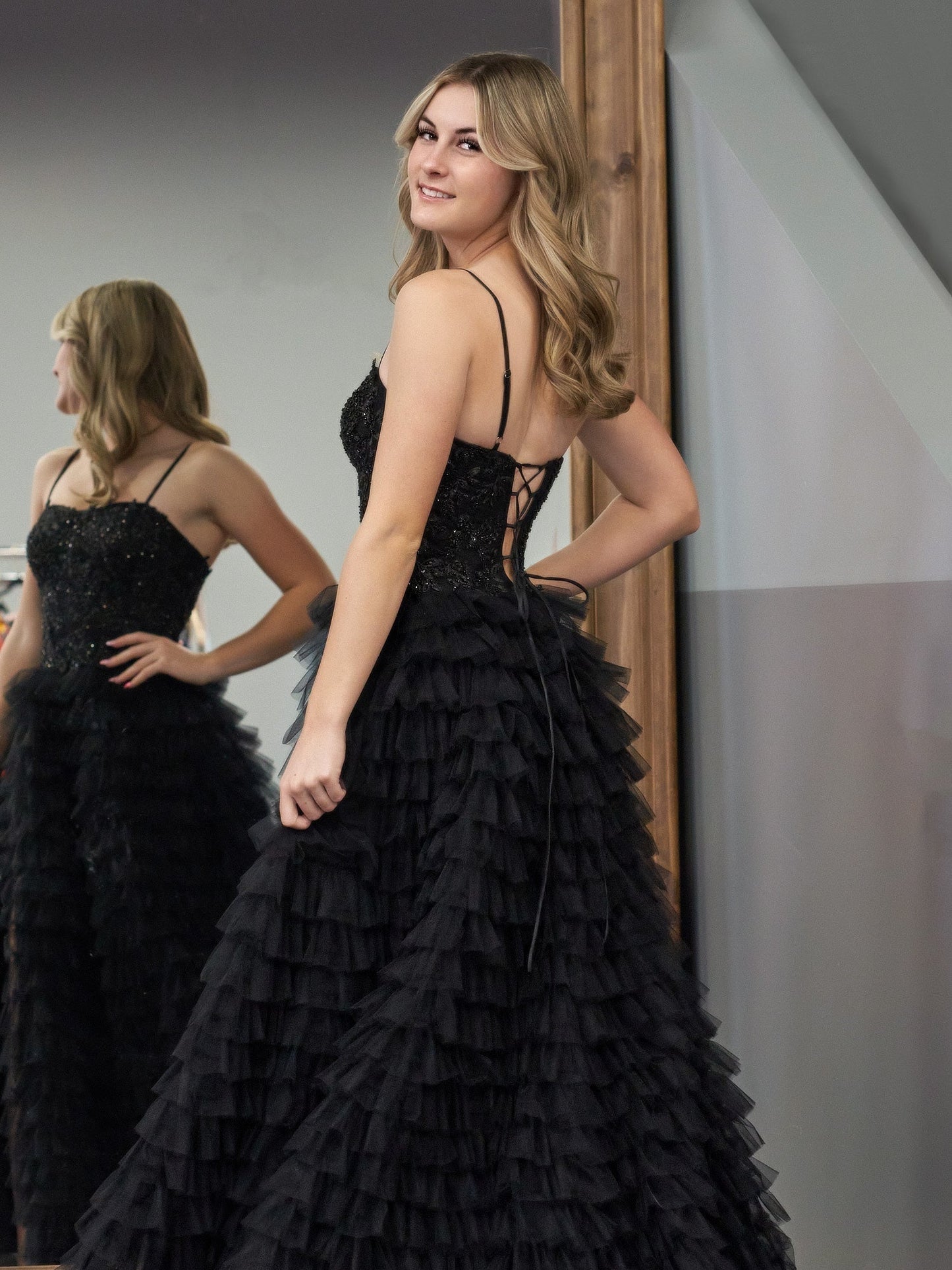 A-Line Tiered Sequins Tulle Long Prom Dress