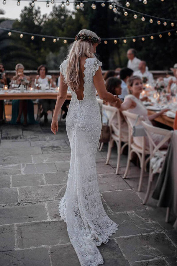 Roycebridal Spitze Boho Meerjungfrau Rückenfrei Flügelärmeln Bohemian Brautkleider