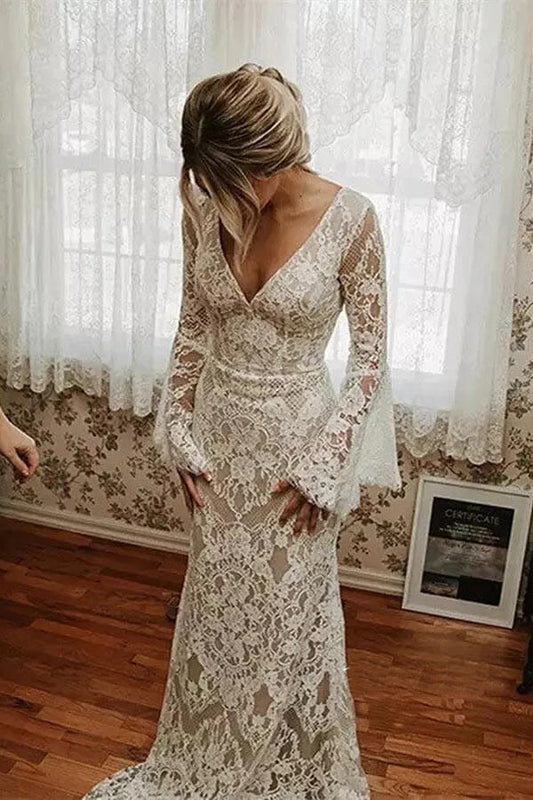 Lace Mermaid V-neck Long Sleeves Backless Bohemian Wedding Dresses
