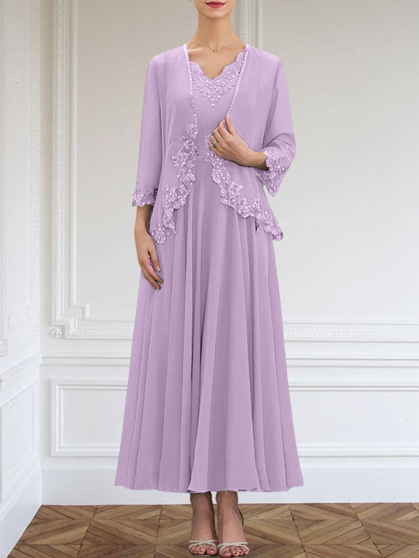 A-Linie V-Ausschnitt Knöchellang Chiffon Kleid für die Brautmutter mit Pailletten Applikationen Spitze Perlen