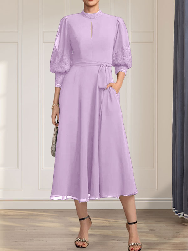 Vestido de gasa con encaje, cuello alto, largo hasta la rodilla, para madre de la novia con lazo
