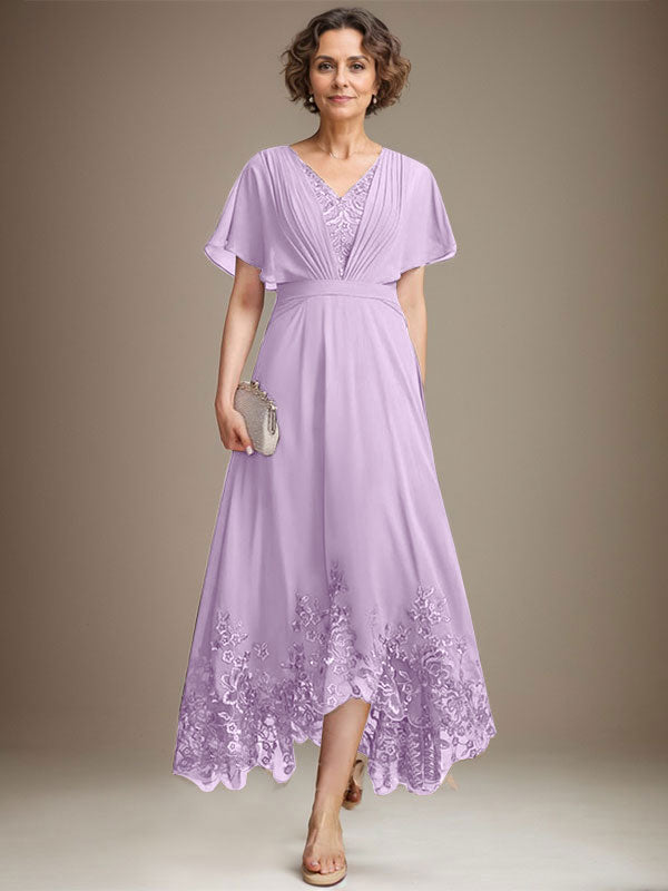 A-Linie V-Ausschnitt Asymmetrisches Spitzen-Chiffon-Kleid für die Brautmutter mit Plissee