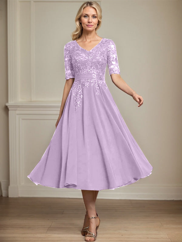 A-Linie V-Ausschnitt Wadenlanges Spitzen-Chiffon-Kleid für die Brautmutter mit Pailletten