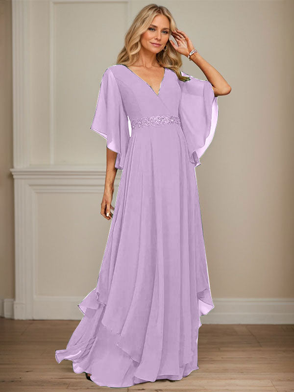 A-Linie V-Ausschnitt Bodenlang Chiffon Kleid für die Brautmutter mit Pailletten Applikationen Spitze Perlen