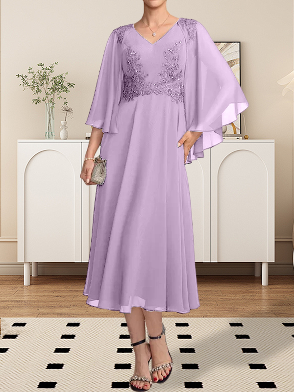 A-Linie, V-Ausschnitt, knielang, Chiffon, Spitze, Kleid für die Brautmutter mit Perlen und Pailletten