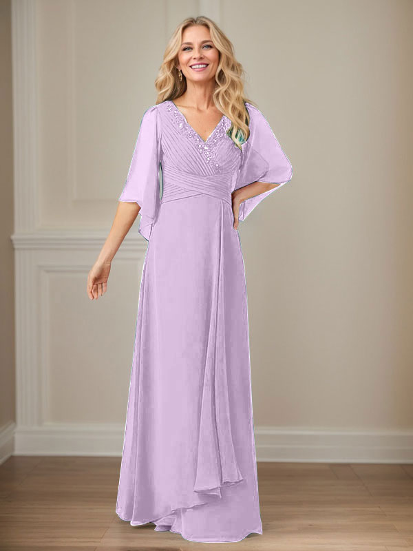 A-Linie V-Ausschnitt Lange Pailletten Chiffon Mutterkleid